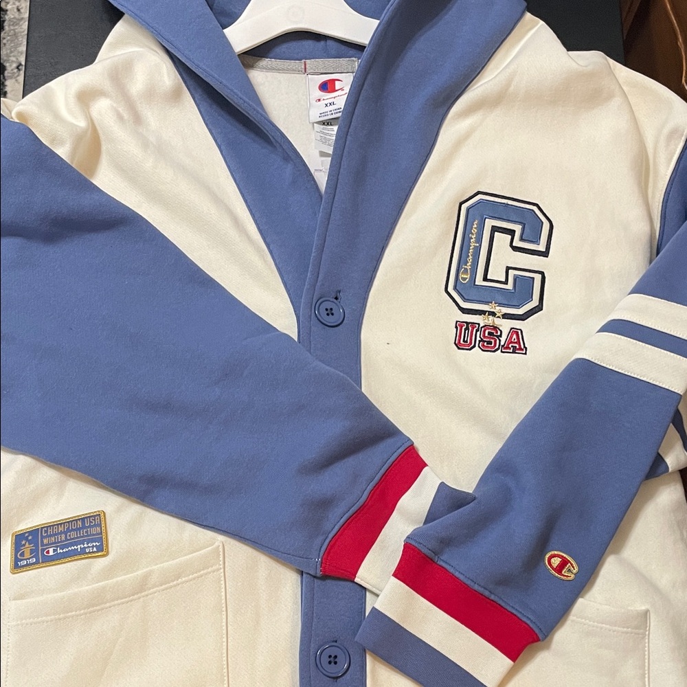 Champion adult XXL Blue, white, red Varsity Hoodie NICE PIECE brand new w tags